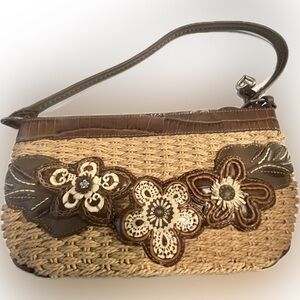 Brighton Basket Weave and Leather Patchwork Flowers Baguette Style Bag